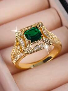 1pc Luxury Vintage Elegant Emerald Cut Cubic Zirconia Gold Color Ring, Gift For Men - Green - View 8