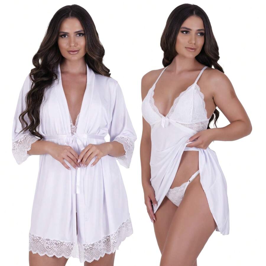 Robe Kit With Sexy Nightgown And Luxury Panties Pajama Bathrobe - 白色 - 查看 1