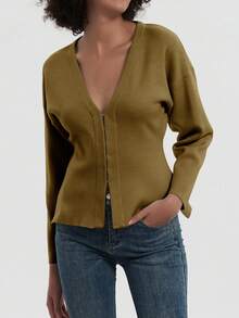 Se-Hore Fashion Casual Women Solid Color Loose Knitted Cardigan - Army Green - View 2