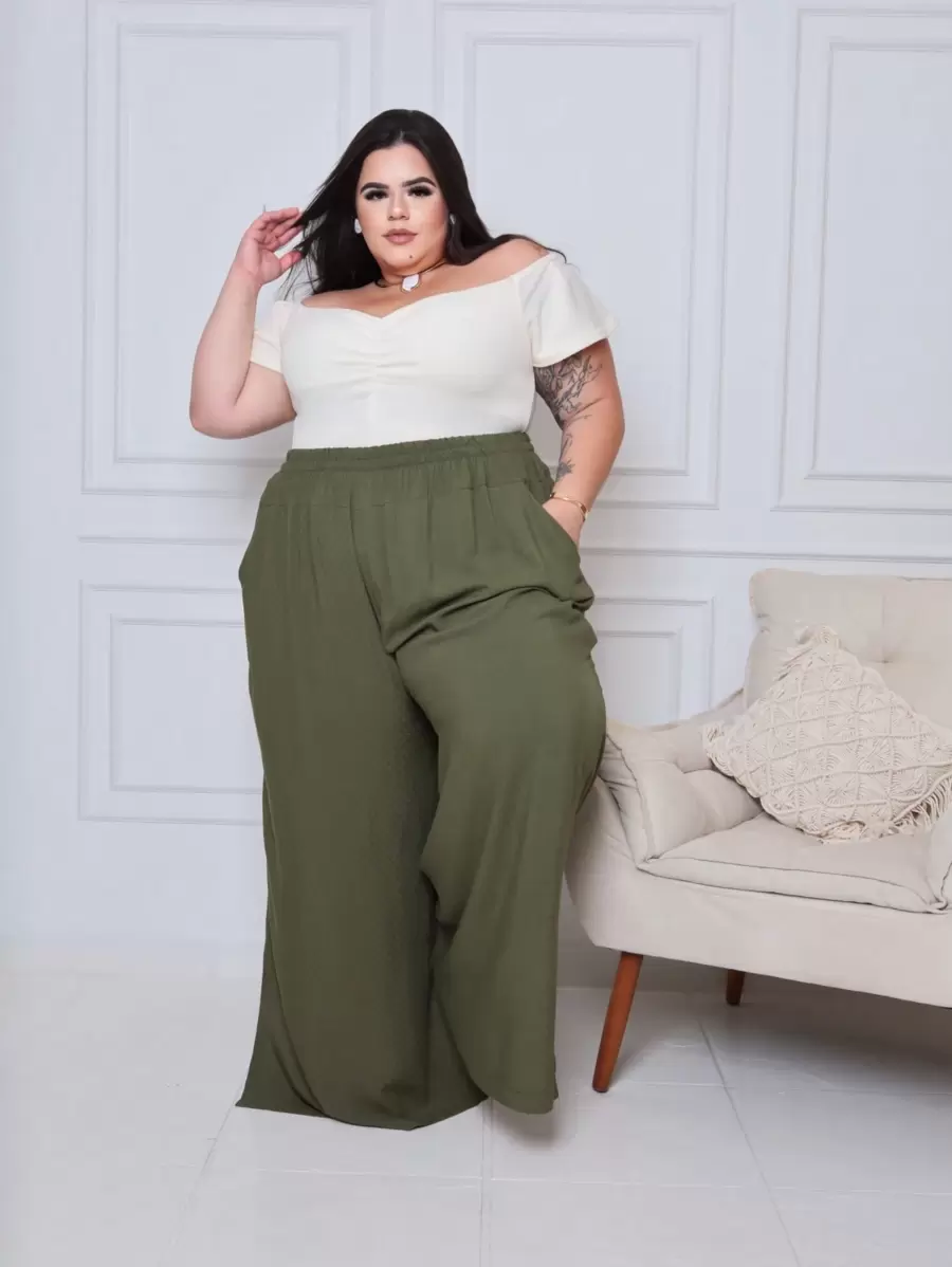 Plus Size Palazzo Pants Large Size Duna High Waist With Elastic Wide Legging Blogger Promotion - Green - View 1