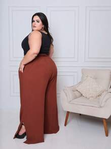 Plus Size Palazzo Pants Large Size Duna High Waist With Elastic Wide Legging Blogger Promotion - Rust Brown - View 2