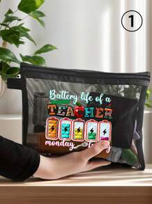 教师答谢礼物网眼大容量便携式化妆包，印有“老师”字样，玫瑰红色亚麻零钱包，化妆包，有衬里，无封口 - 非常适合教育工作者和学校工作人员，教师答谢礼物，时尚休闲配饰，适合外出、度假、日常通勤，化妆包，适合假日海滩、浴室收藏、卧室收藏，大容量 - 黑色 - 查看 17