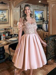 Elegant Off-Shoulder Sequined A-Line Dress, Flattering Silhouette For Weddings, Garden Parties, Proms & Evening Events, Party Dress, Wedding Guest Cocktail Dress