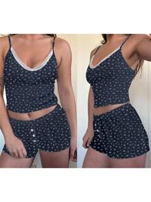 Women Y2k Pajamas Sets Cute Bear Floral Spaghetti Strap Crop Cami Tops + Sleep Shorts Lounge Sets 2 Piece Lace Trim Sleepwear Suit Sleeveless Camisole Tops And Boyshorts - 藍色 - 查看 3