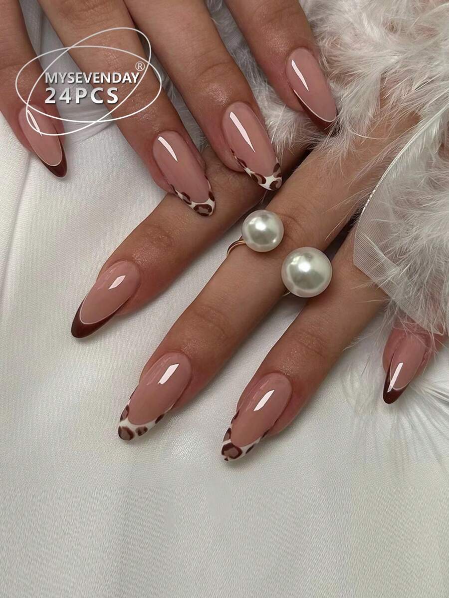 24 Pieces Of Almond Shaped Pressed Fake Nail Patches, Leopard Print Contrasting Sweet And Cool French Style Women's Fingernail Patches, New And Fashionable Fingertips, Paired With 1 Piece Of Jelly Glue And 1 Piece Of Rubbing Strip, Suitable For Women's Parties, Dances, Daily Casual Wear, Detachable And Reusable