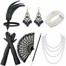 Lata 20. XX wieku, makijaż imprezowy dla kobiet, maskarada, kolczyki, elegancka, elegancka, ekskluzywna opaska na głowę, rękawiczki, bransoletka, uchwyt na papierosy, koronkowy wachlarz, 7-częściowy zestaw kostiumów imprezowych