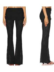 Women Flared Lace Pants Casual Skirt See-Through Elastic Waist Bell Bottoms Bootcut Lace Trousers - Black - View 1