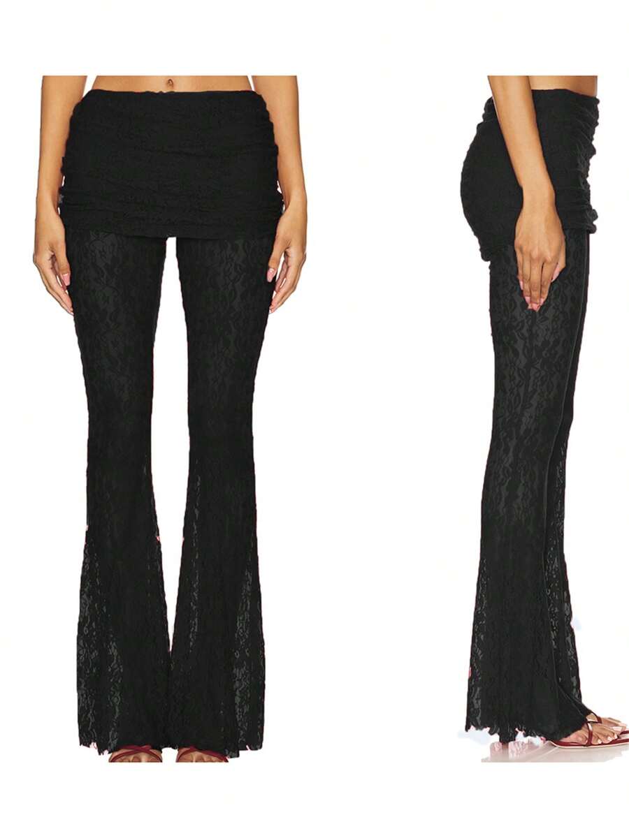 Women Flared Lace Pants Casual Skirt See-Through Elastic Waist Bell Bottoms Bootcut Lace Trousers - Black - View 1