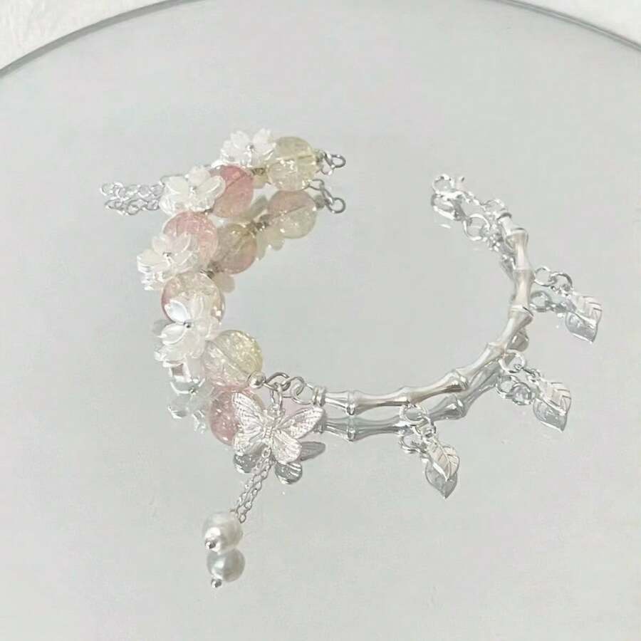 Pulsera de cuentas de cristal con diseño de flores de cerezo y mariposas, nueva joyería de diseño único y versátil de estilo chino