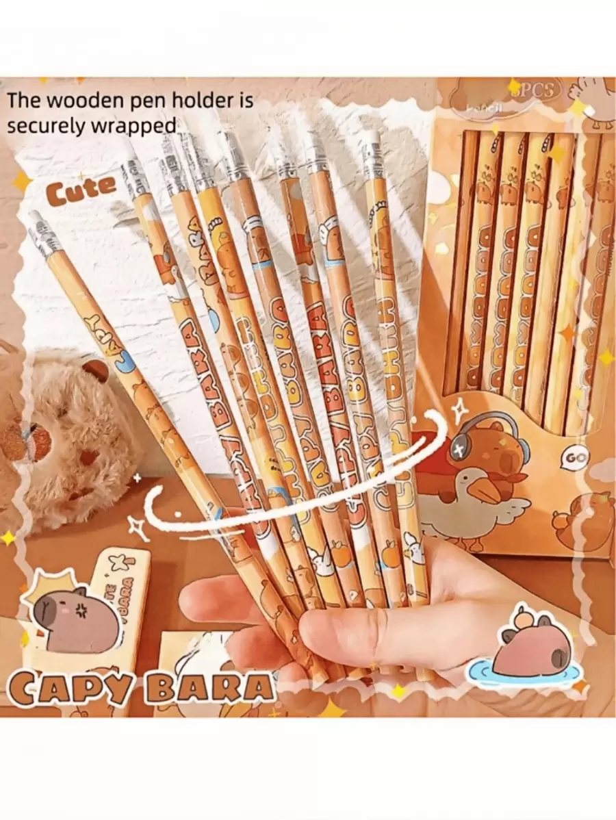 4支/8支/16支装可爱水豚铅笔（每盒8支），颜色和款式随机（需自行削尖），高品质创意学生文具铅笔，HB铅笔，书写流畅，内置橡皮擦，适用于考试、素描和绘画，专业美术铅笔，办公用品，送给家人、朋友、同事的绝佳礼物，学习用品