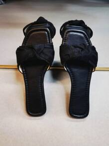 2025 Spring/Summer New Flat Sandals, Strap Bow Decor, Black Casual Fashion Slippers