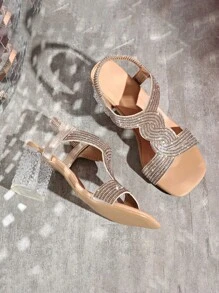 Sandalias de tacón alto con detalles de strass, de tacón ancho y punta abierta, con diseño de banda elástica simple, elegantes, adecuadas para vestidos, fiestas y vacaciones