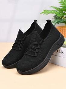 Women's Breathable Casual Shoes, Non-Slip Soft Sole, Comfortable Black Work Shoes, Flat Knitted Solid Round Toe Sports Sneakers, Suitable For All Seasons