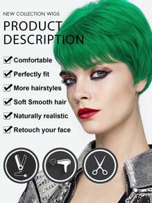Peluca corta estilo pixie verde para mujer, peluca sintética de moda con gorra de red de rosa transpirable, versátil para el Día de San Patricio, festivales de música u Halloween