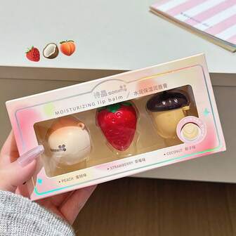 Set de 3 bálsamos labiales - Sabores a melocotón, fresa y nuez, hidratantes, reparadores, incoloros, aptos para el invierno