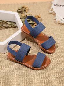 1 Paar Große Größen Kleinkind / Kleine Mädchen Hellblaue Einfarbige Segeltuch Riemen Verschluss Sandalen mit runder Zehenkappe, klassischer römischer Stil geeignet für 3-15 Jahre, Alltag Lässig, Schule, Reisen, Frühling/Sommer