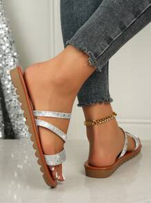 Sandales d'extérieur à semelle épaisse et antidérapantes pour femmes, polyvalentes pour l'été - Argent - Voir 6