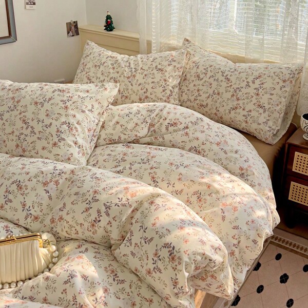 4pcs Minimalist Ditsy Floral Bedding Set (1*Duvet Cover + 1*Fitted Sheet + 2*Pillowcases), 100% Polyester, Traditional Printing, No Insert For Duvet Cover/Pillowcases