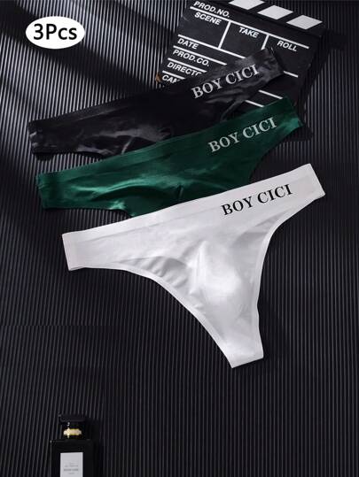 3pcs Men Sexy Sports & Fitness Letter Print Sheer Revealing Low Rise Seamless Thong Underwear
