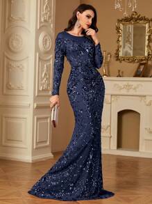 hezixi 这款弹力亮片圆领长袖鱼尾纯色优雅奢华正式礼服，适合各种派对、毕业典礼、婚礼、活动、宴会和舞会，也可作为派对礼服、婚礼宾客礼服、晚礼服或长裙穿着。