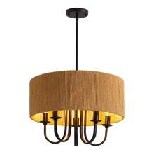 19" Bohemian Rattan Drum Chandelier, 5-Light Round Candle Pendant Light Fixture, Farmhouse Woven Cage Chandelier For Dining Room Bedroom