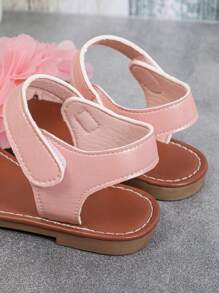 1 Pair Plus Size Toddler Girls' Flat Sandals, Solid Color PU Straps, Mesh Flower Decor, Buckle Closure, Round Toe, Lightweight, Fashionable, Cute Roman Sandals Suitable For 3-15 Years Old Girls For Daily, Casual, Party, Travel, Spring/Summer 2025 - Pink - View 8