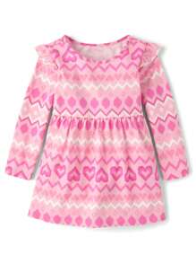 The Children's PLACE Baby Girls Heart Fairisle Flutter Sleeve Dress Pink Long Sleeve Crew Neck Pullover Style - 粉紅絲帶 - 查看 3