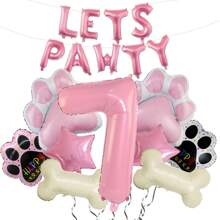 18 件狗狗主题气球“Let's Pawty”狗爪印气球，粉色数字气球，涤纶铝箔气球，宠物生日装饰适合 1-4 岁狗狗生日派对 - 彩色 - 查看 18