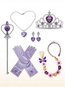 6 piezas/set Peluca de princesa con trenza Rapunzel, peluca de pelo largo con accesorios de vestir como guantes con trenzas y collar para niñas