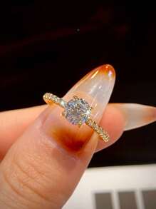 2件套/组 1克拉四爪镶嵌莫桑石钻石二合一戒指套装，女士订婚戒指，S925纯银简约浪漫情侣戒指，永恒戒指，结婚纪念日戒指，奢华珠宝礼品