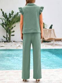 Women Spring 2 Piece Set Casual Quarter Zip Ruffle Cap Sleeve Top Elastic High Waist Straight Wide Leg Drawstring Pants Comfy Texture Tracksuit Resort Wear Holiday Vacation Outfits