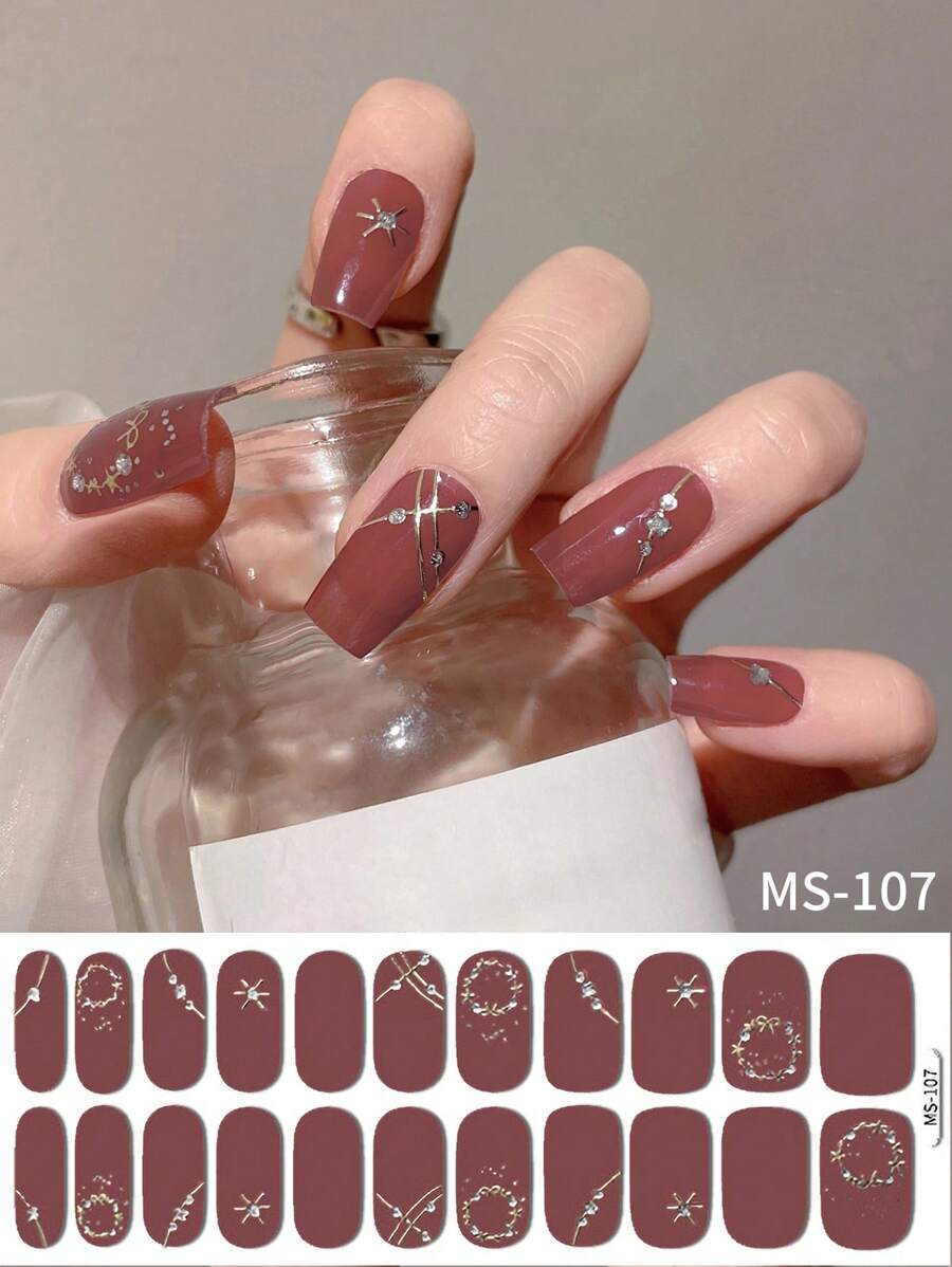 1张清新春夏美甲贴纸，白色花朵渐变晕染美甲贴纸，简约法式线条22指美甲贴纸，圣诞雪星自粘美甲贴纸，日常、节日、派对均可使用