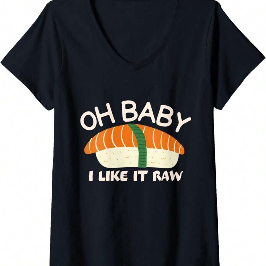 Oh Baby I Like It Raw Cute Sushi Kawa Anime Japanese V-Neck T-Shirt - Black - View 1