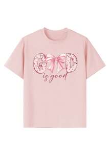 1pc Tween Girl Casual Printed Crew Neck Short Sleeve T-Shirt For Students, Summer - Pink Bow Artistic Style Inspiring Creativity And Self-Expression - Pink - View 4