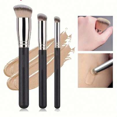 3件套专业化妆粉底刷套装 - 遮瑕刷、斜角刷、轮廓刷，适用于膏状、液状、粉状产品