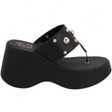 Tamanco Feminino de Dedo Plataforma Salto Alto Confortável com Enfeites Metálicas Sola Macia Confort - Preto - Visão 3