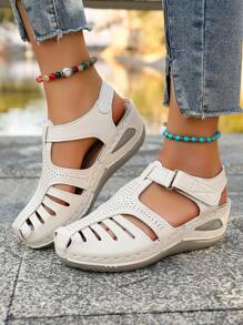 European & American Style Women Sports Sandals, Hollow Mid Heel Wedge Platform Hook And Loop Roman Shoes, Fashionable