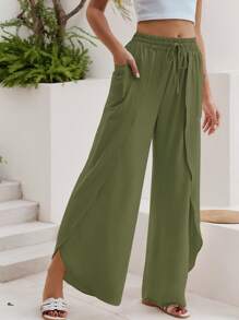 SANOPY Women's Pants,Scrub Pants For Women,Linen Pants Women,Womens Wide Leg Pants Side Split High Waisted Palazzo Pants Boho Flowy Trousers - màu xanh lá - Xem 1