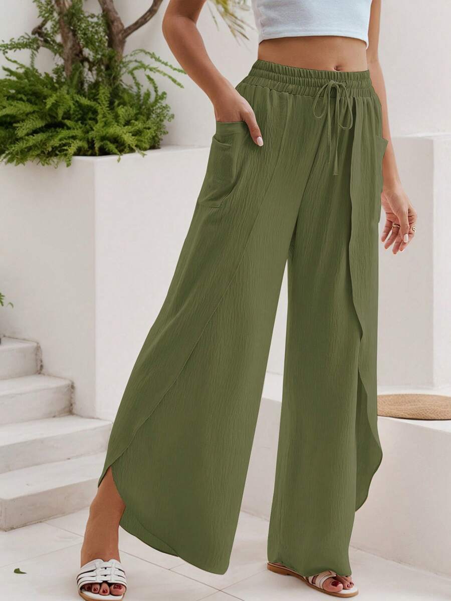 SANOPY Women's Pants,Scrub Pants For Women,Linen Pants Women,Womens Wide Leg Pants Side Split High Waisted Palazzo Pants Boho Flowy Trousers - màu xanh lá - Xem 1