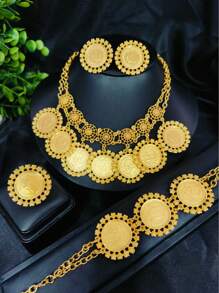 1 Set Women Fashion Coin Shaped Portrait Pendant Necklace, Earrings, Bracelet, And Ring Jewelry Set, Suitable For Middle East, Dubai, Europe, Africa, Wedding, Party, Date, Mother's Day, Holiday