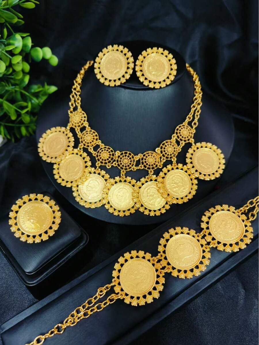 1 Set Women Fashion Coin Shaped Portrait Pendant Necklace, Earrings, Bracelet, And Ring Jewelry Set, Suitable For Middle East, Dubai, Europe, Africa, Wedding, Party, Date, Mother's Day, Holiday