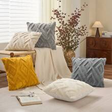 2 pièces Housses de coussin décoratif en fausse laine pour Noël, doux, peluche, court, en polaire, motif carré, taies d'oreiller unies pour canapé, lit, salon
