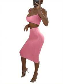 Women Sexy Two-piece Clothes Set, Solid Color Sleeveless Crop Tops and Long Skirt, Violet/ Pink/ Orange - Rosa - Ver 2