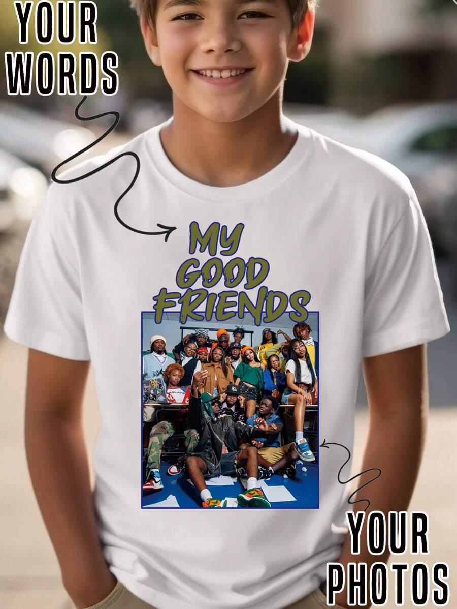 Personalized Customized Spring/Summer T-Shirt For Youth, Customized With Family/Pet/Celebrity/Friend Photo, Text/Message/Name/Blessing, Memorial Gift, Streetwear, School Sports, Outdoor Sports, Group Uniform, Best Friend Gift, Meaningful Gift, Back To School, Party Outfit, Surprise Gift, Gag Gift, Chinese New Year, Valentine's Day Gift