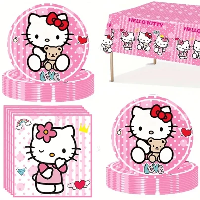 Sanrio 41pcs/Set Pink Hello Kitty Theme Party Set, Disposable Party Supplies Decoration Includes 20 Plates, 20 Napkins, 1 Tablecloth,Festive Christmas Party Tableware Set,Perfect For Thanksgiving For Halloween,Christmas Event & Party Supplies