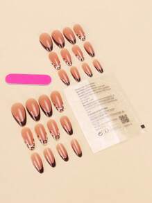 24 Pieces Of Almond Shaped Pressed Fake Nail Patches, Leopard Print Contrasting Sweet And Cool French Style Women's Fingernail Patches, New And Fashionable Fingertips, Paired With 1 Piece Of Jelly Glue And 1 Piece Of Rubbing Strip, Suitable For Women's Parties, Dances, Daily Casual Wear, Detachable And Reusable