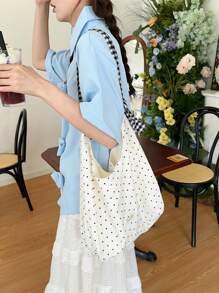 Large Capacity Thin Polka Dot Canvas Shoulder Bag, Suitable For Students
