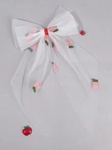 1pc Strawberry Hair Bows Girls Large White Mesh Hair Bow Apple Cherry Hair Clips Elegant Big Tull Alligator Clips,Wedding Party Hair Accessories