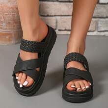 Women's Wedge, Woven, Plus Size, New 2025 Export, European And American Style, Thick Sole Slippers, Suitable For Any Occasion