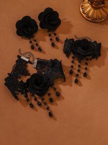 2pcs Vintage Rose Choker And Bracelet Set - Black Lace And Red Rose Jewelry Set For Girls - Gothic Lolita Jewelry Set